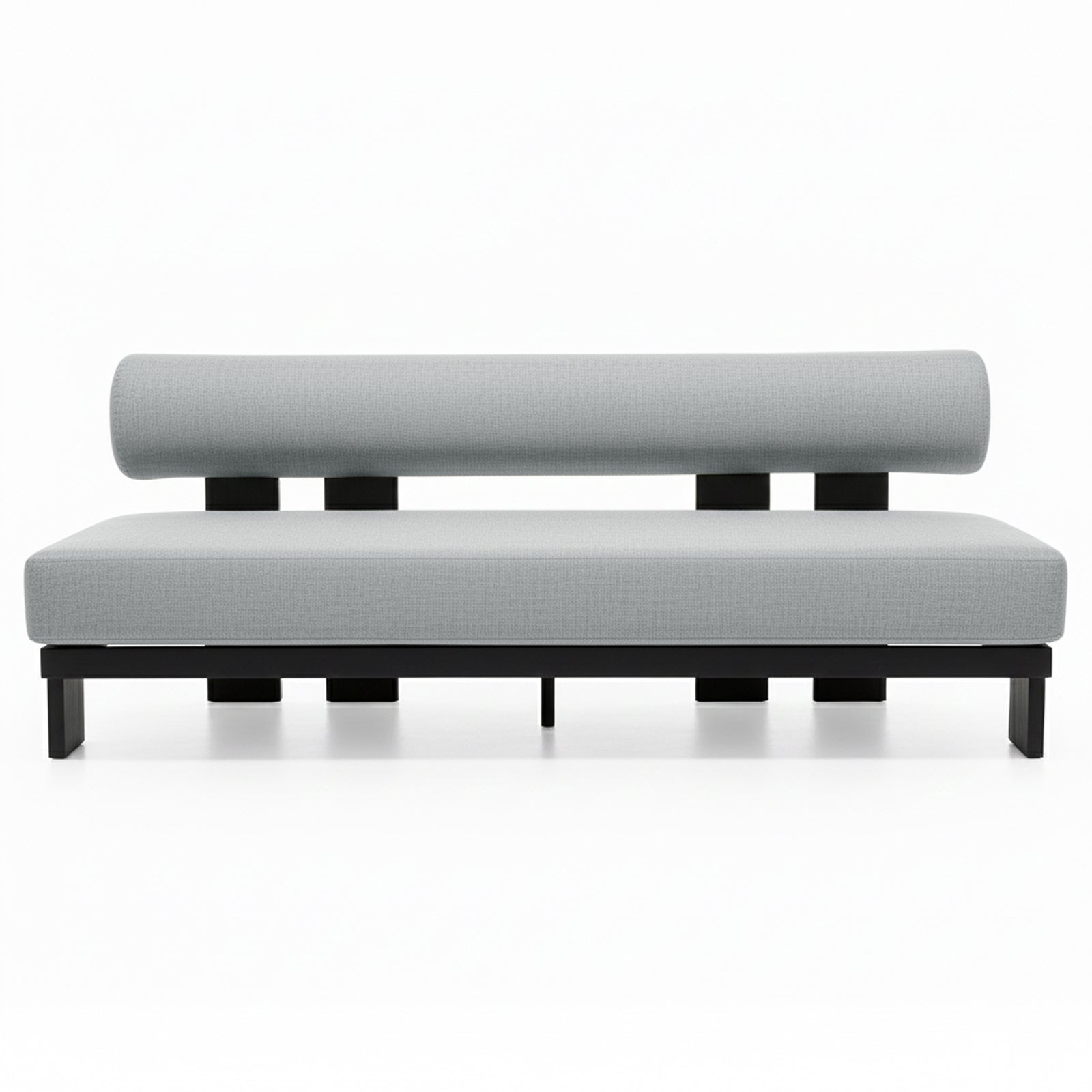 The Modica 5 Seater Aluminium Outdoor Sofa Set in Black & Grey features a minimalist two-seat bench with a black base, straight legs, and light-gray upholstered cushion with a cylindrical bolster backrest.