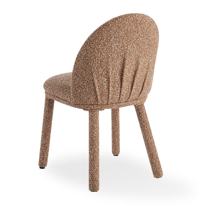 Joren Boucle Arched Dining Chair Set of 2 in Coral features a warm, speckled brown bouclé fabric with a shell-shaped backrest, padded seat, and fabric-wrapped tapered legs for a cohesive look.