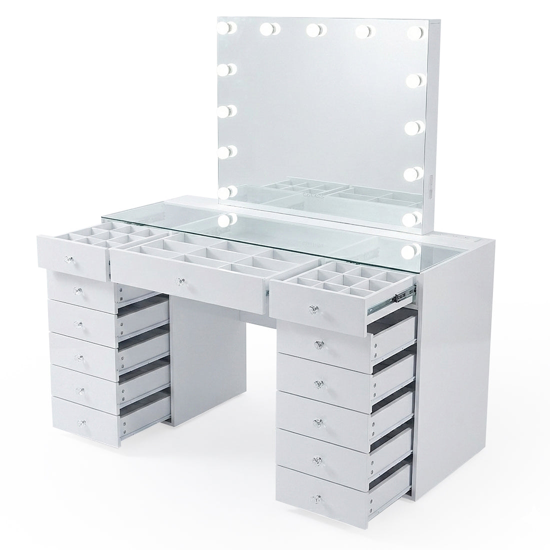 White vanity table with open drawers and illuminated mirror on white background