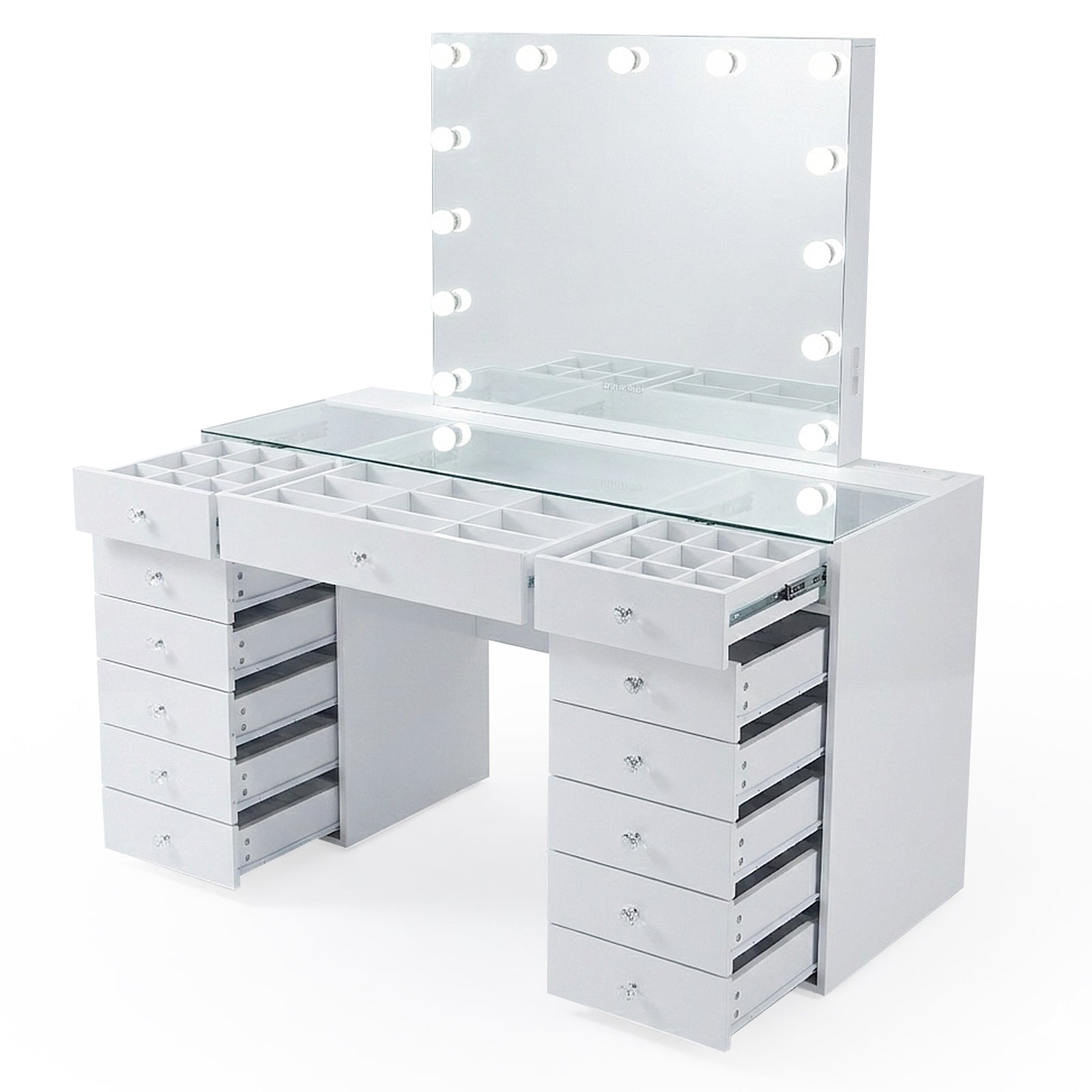 White vanity table with open drawers and illuminated mirror on white background