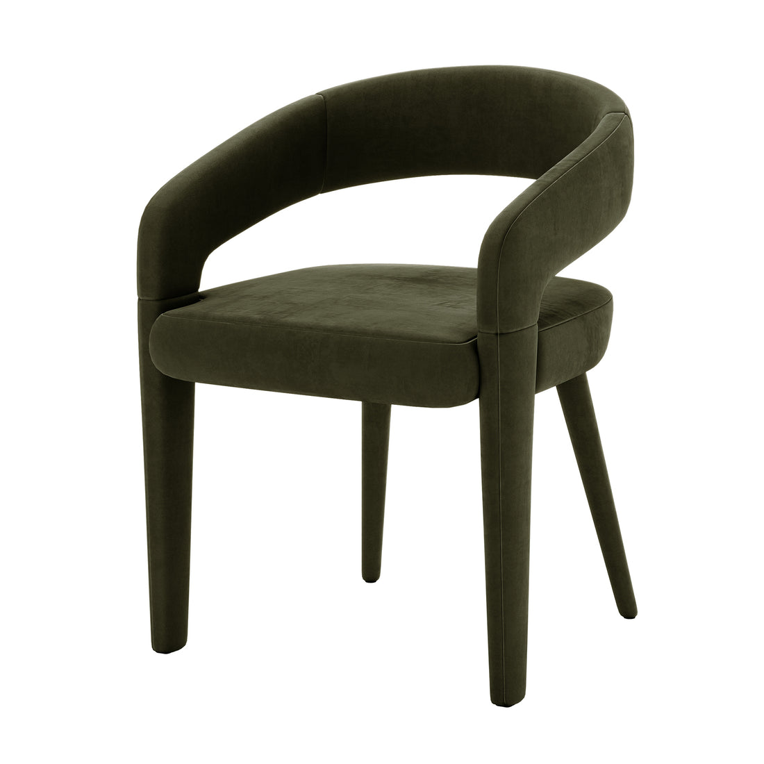 Eisha Velvet Dining Chair Set of 2 in Woodland Green features a curved backrest and plush velvet upholstery. The elegant design includes slim, tapered legs, offering a modern, luxurious touch for dining spaces.