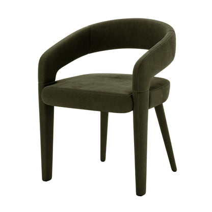 Eisha Velvet Dining Chair Set of 2 in Woodland Green features a curved backrest and plush velvet upholstery. The elegant design includes slim, tapered legs, offering a modern, luxurious touch for dining spaces.