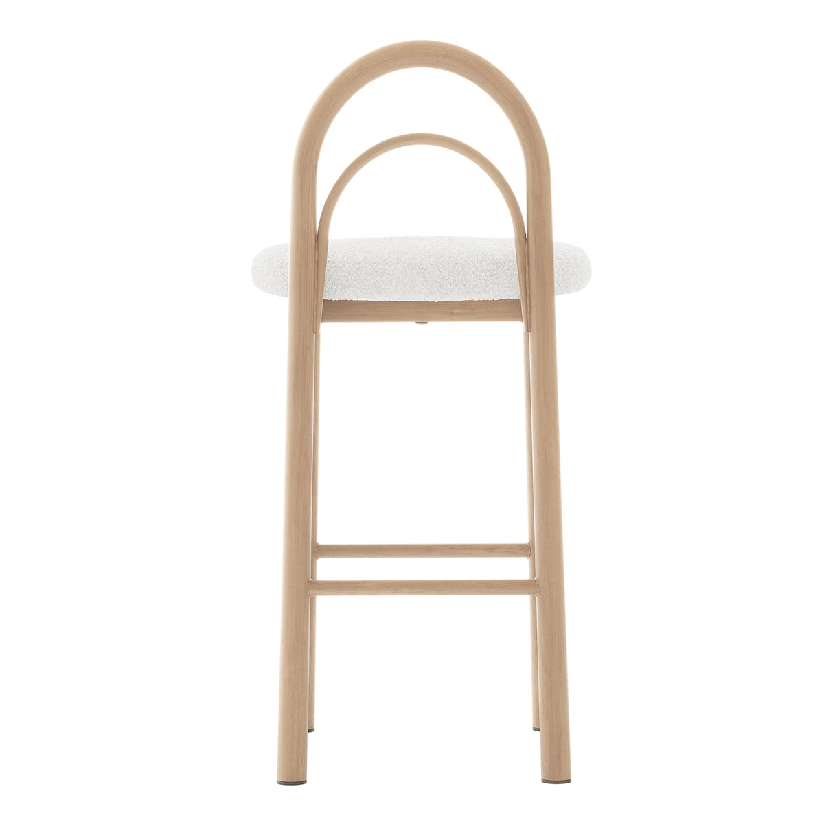 Front view of a modern chair or stool with a rounded backrest and padded white seat on a white background