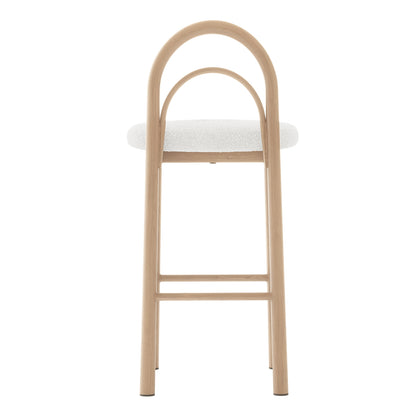 Front view of a modern chair or stool with a rounded backrest and padded white seat on a white background