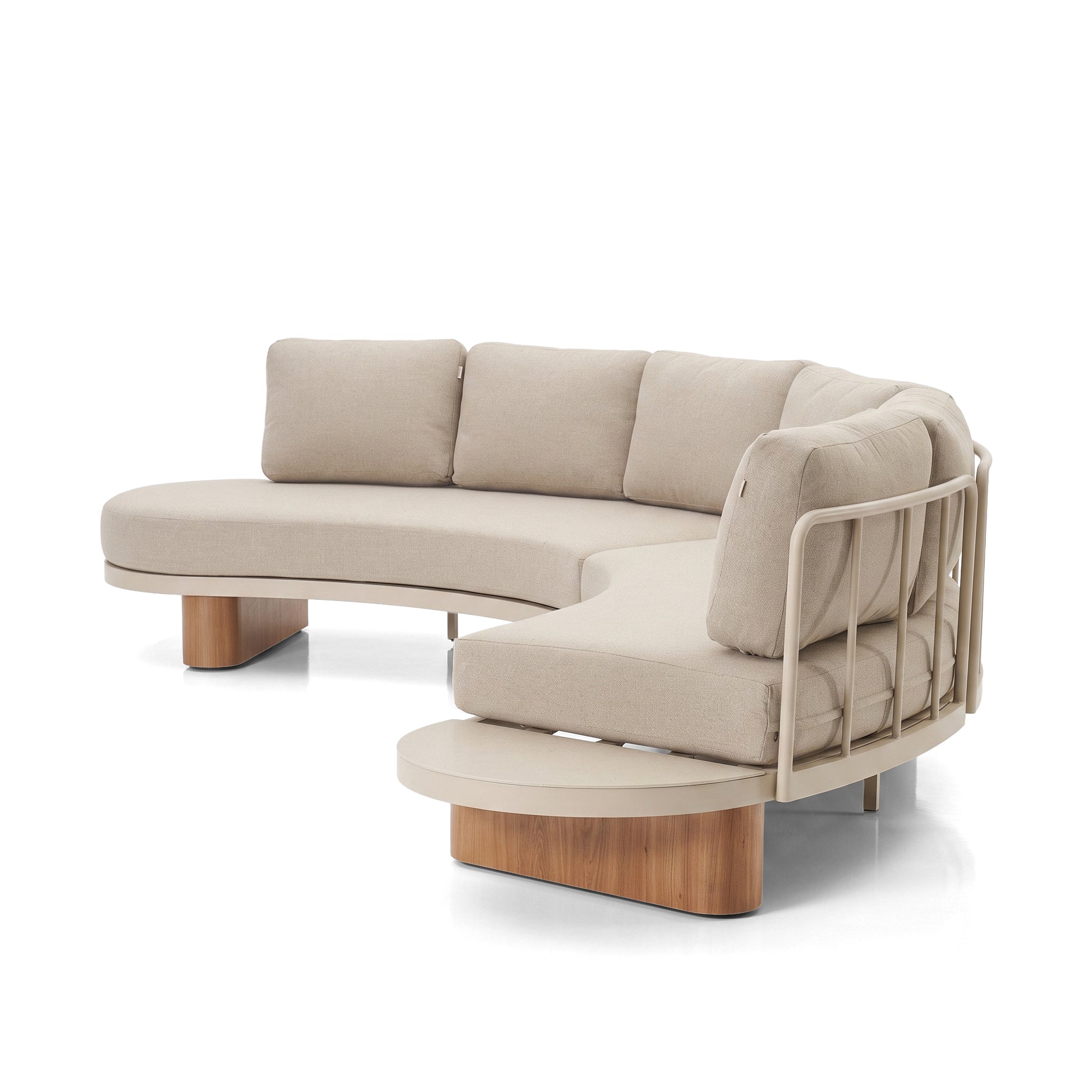 Modern beige sectional sofa with built-in side table on a white background