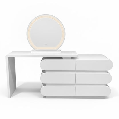 Alora LED Mirror Makeup Vanity Table with Storage in White features a circular LED-lit mirror, six drawers, and an extendable L-shaped desktop, providing a sleek, organized space for makeup and storage.