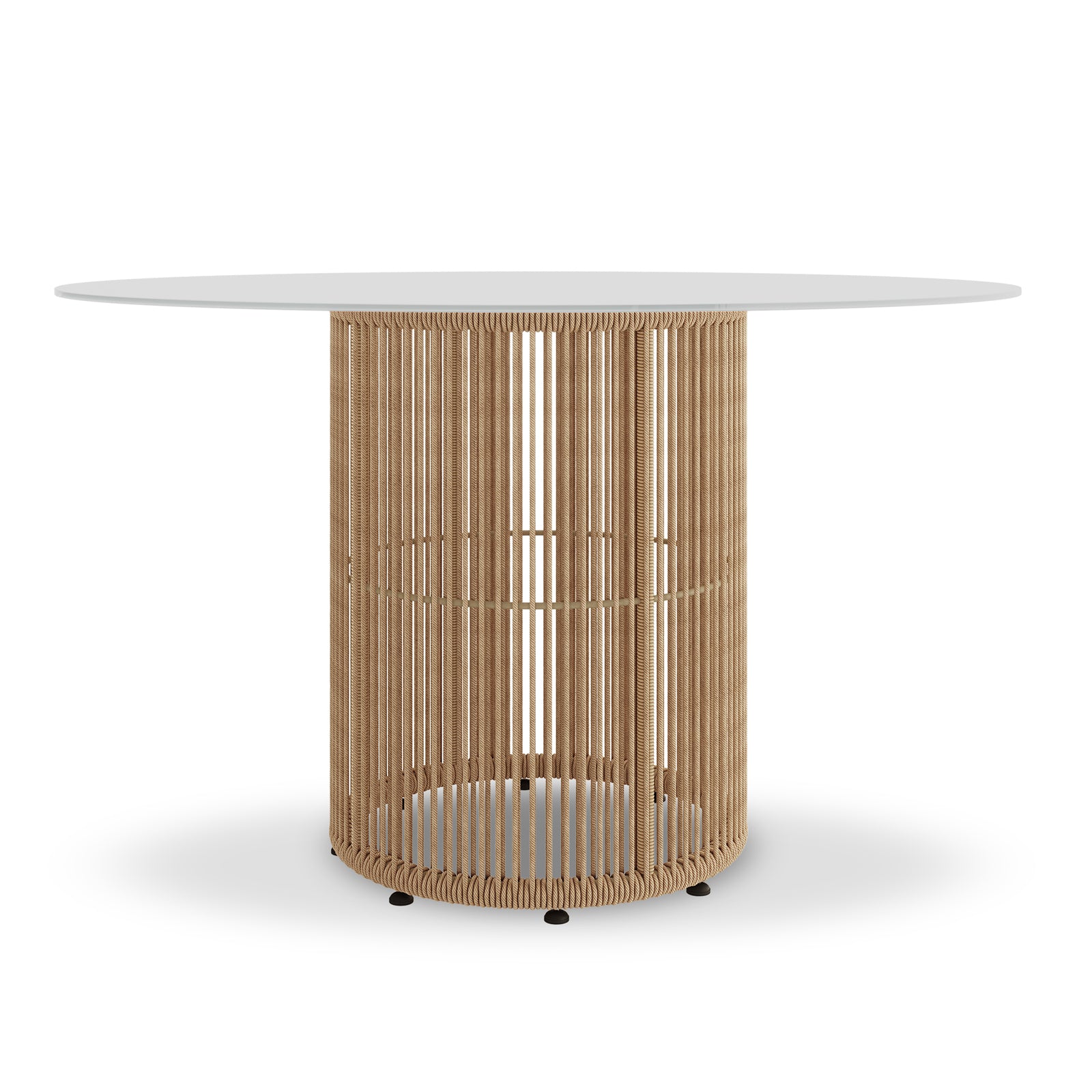 Vellora 4 Seater Wicker Outdoor Dining Set features a round-top table with a white disk tabletop and a woven-like cylindrical base, ideal for enhancing alfresco dining experiences with a modern touch.