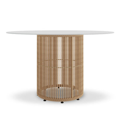 Vellora 4 Seater Wicker Outdoor Dining Set features a round-top table with a white disk tabletop and a woven-like cylindrical base, ideal for enhancing alfresco dining experiences with a modern touch.