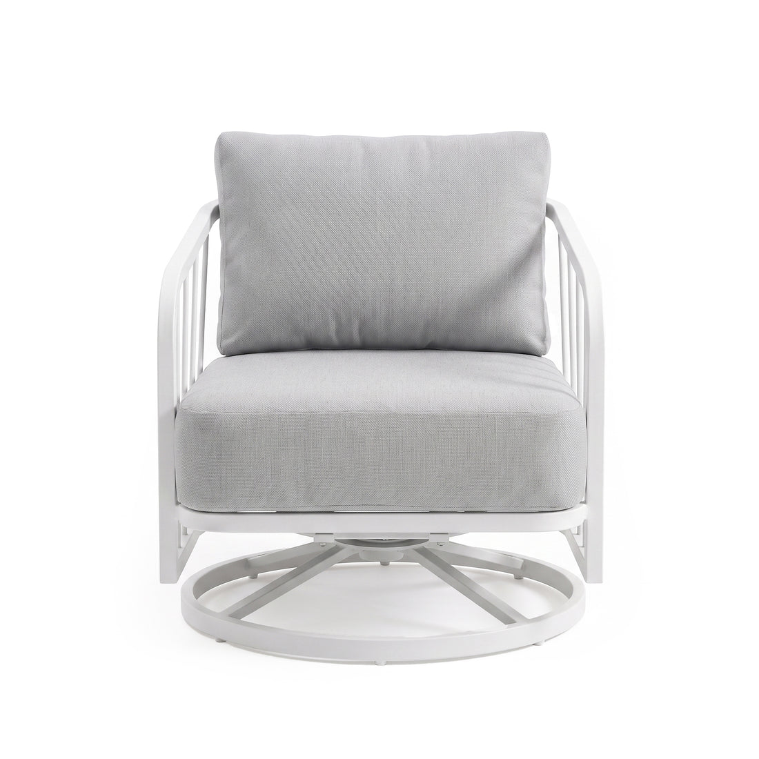 Modern accent chair with light grey cushions on a white background