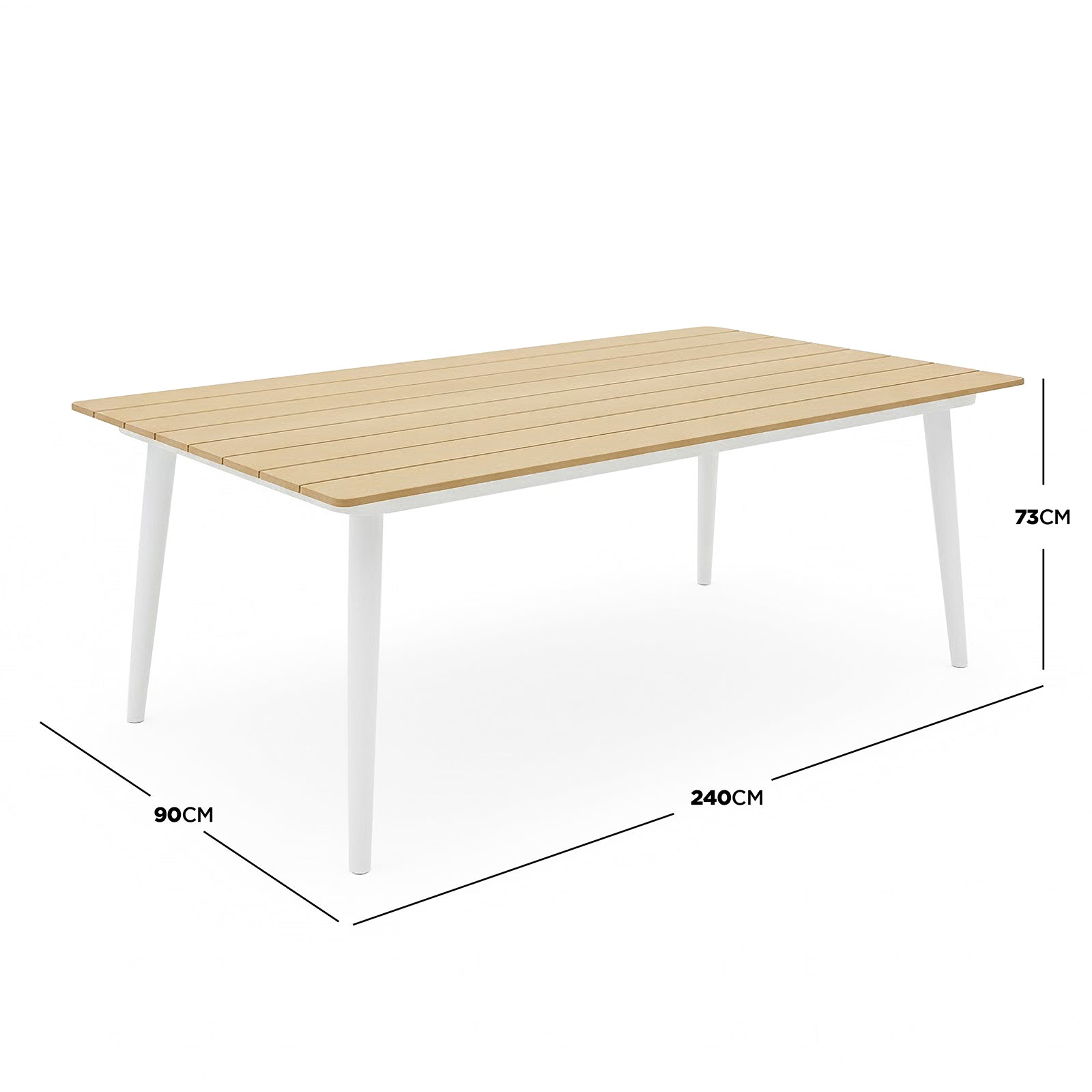 Casara 9 Piece Outdoor Dining Set in White and Grey features a slatted wood-tone tabletop with four splayed white tapered legs, perfect for alfresco dining and entertaining up to eight people.