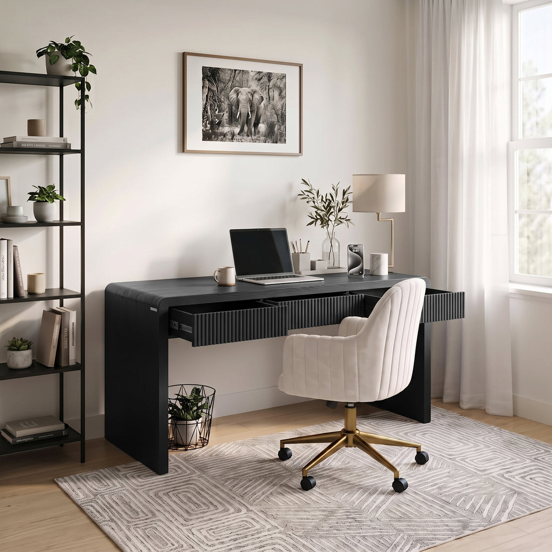 Black desk in a stylish home office with chair, shelving, and decor