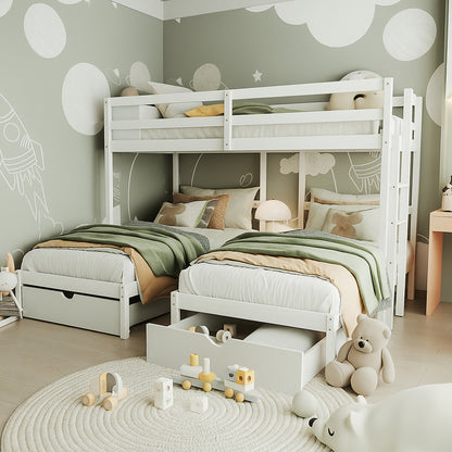 Aristos Triple Bunk Bed with Side Table in White features a triple-sleeper design with a top bunk and two side-by-side single beds, each with pull-out storage, and a bedside lamp.