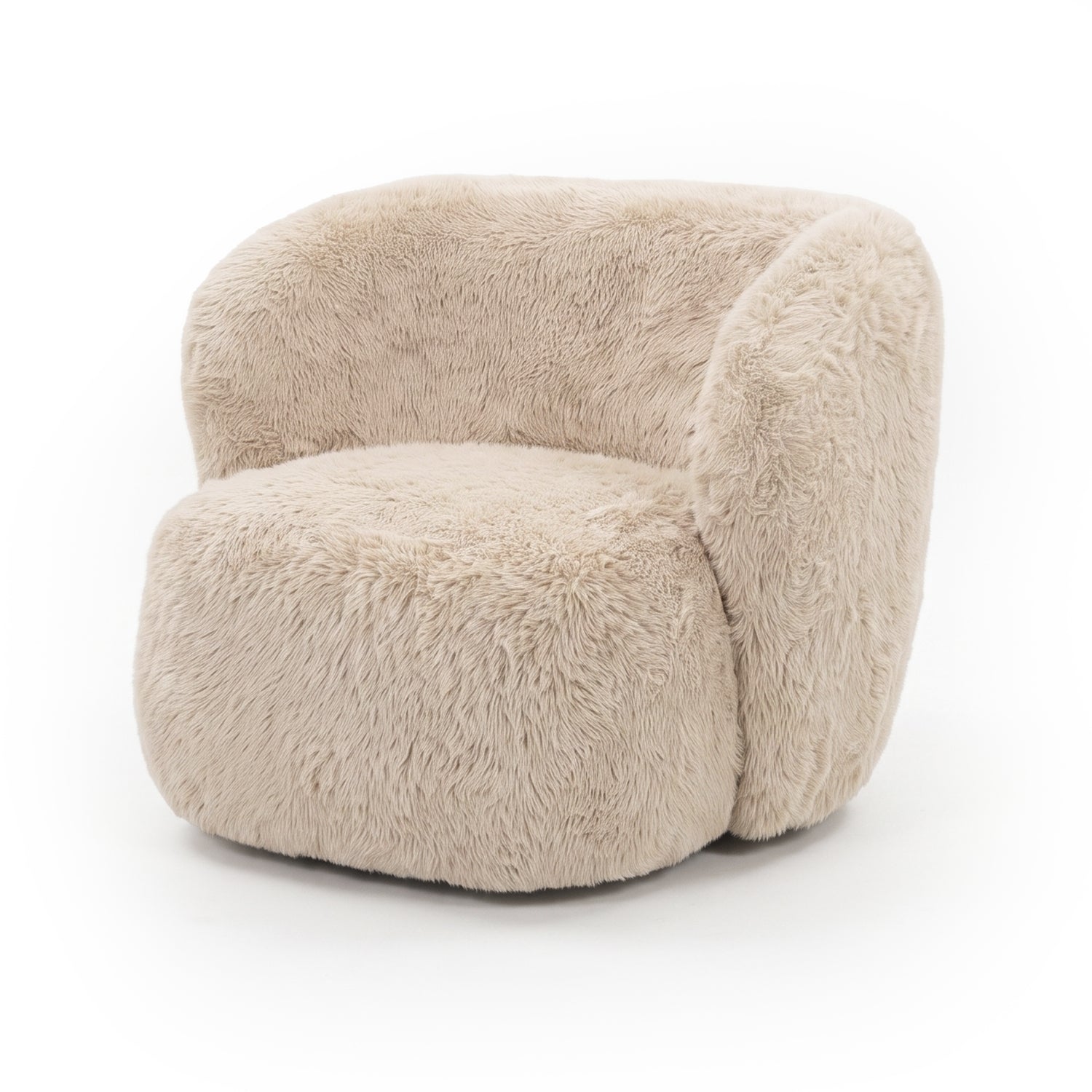 Beige plush accent chair shown in full on a white background