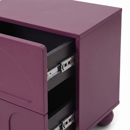 Purple two-drawer nightstand on a white background with one drawer open