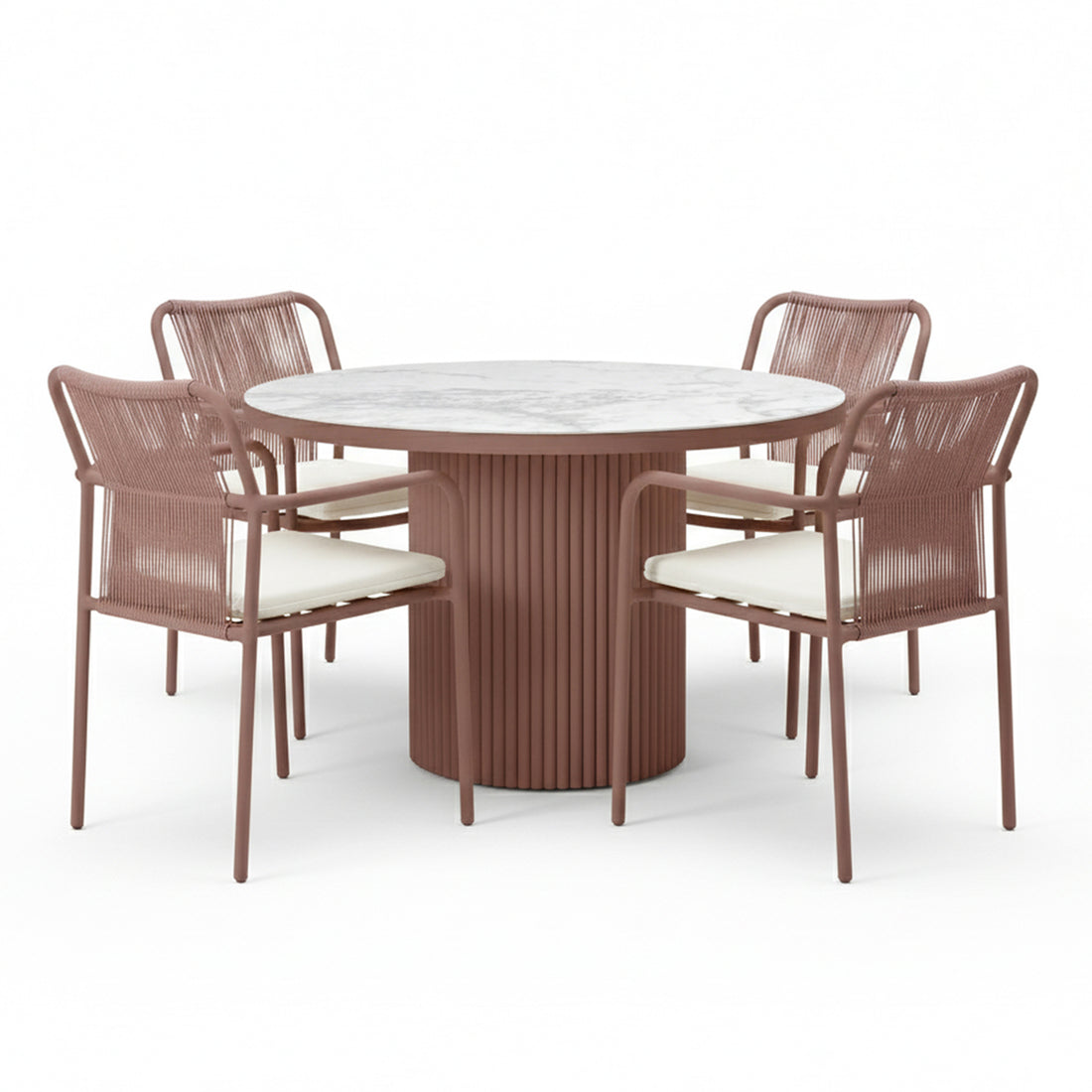 Evone 4 Seater Stone Outdoor Dining Table Set in Terracotta features a round marble-look tabletop and four armchairs with woven backrests and light cushions, perfect for stylish alfresco dining.