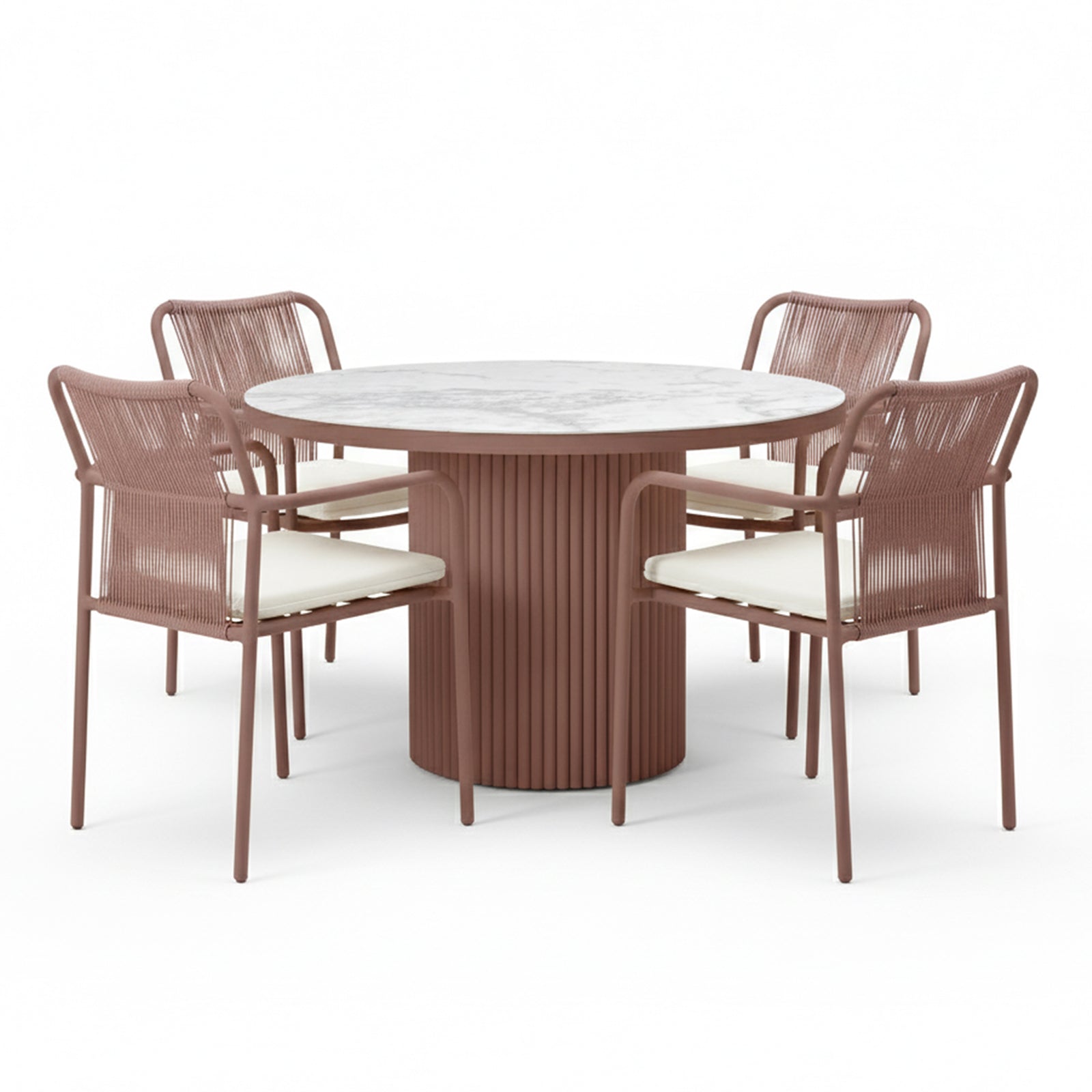 Evone 4 Seater Stone Outdoor Dining Table Set in Terracotta features a round marble-look tabletop and four armchairs with woven backrests and light cushions, perfect for stylish alfresco dining.