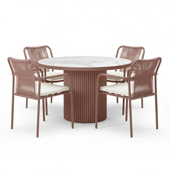 Evone 4 Seater Stone Outdoor Dining Table Set in Terracotta features a round marble-look tabletop and four armchairs with woven backrests and light cushions, perfect for stylish alfresco dining.