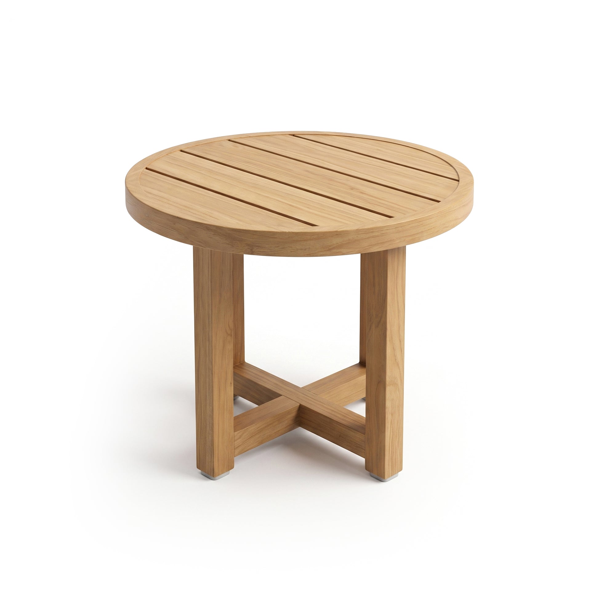 Round wooden side table on a white background