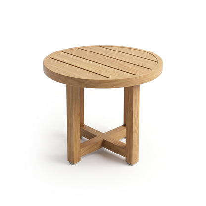 Round wooden side table on a white background