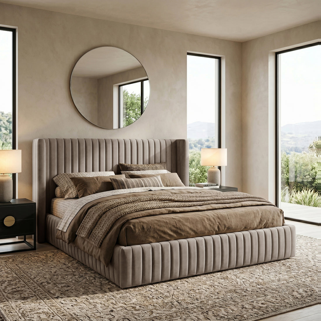 Taupe upholstered channel-tufted bed styled in a bright contemporary bedroom