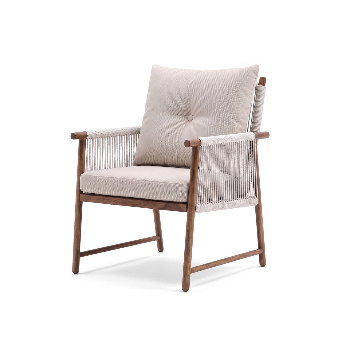 Modern armchair with rope detailing and cushioned seat on a white background