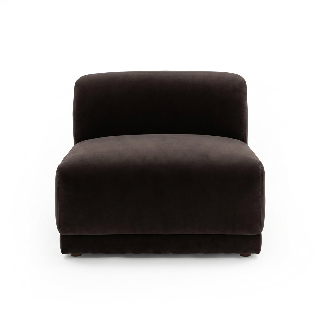 Dark brown armless accent chair on white background