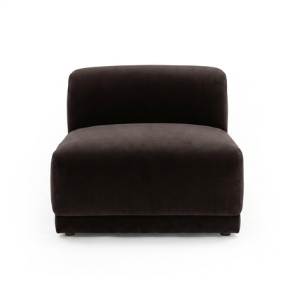 Dark brown armless accent chair on white background
