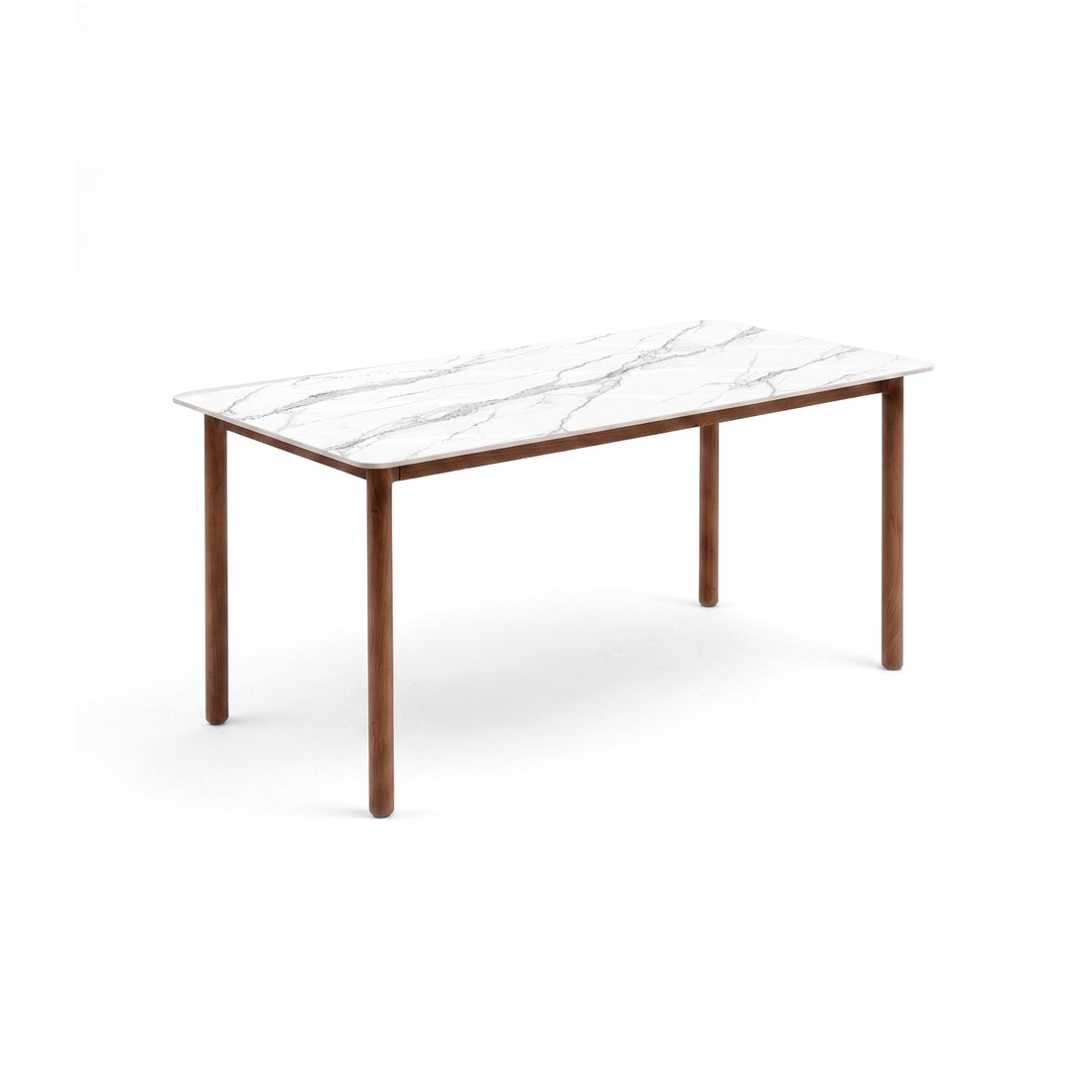Contemporary rectangular dining table with marble-effect top and wooden legs on a white background