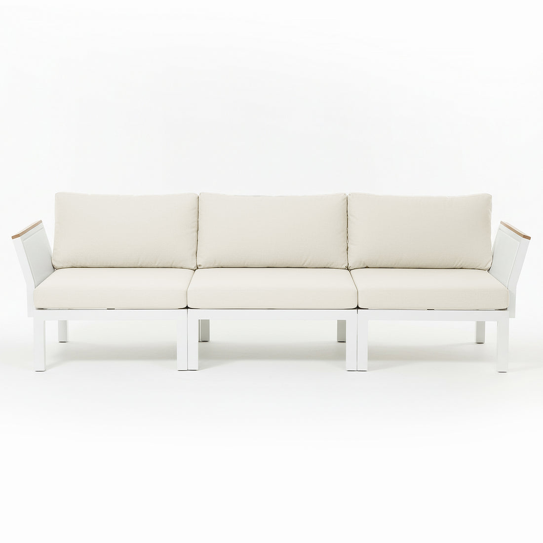 Sierra Outdoor Lounge Set in Beige: A modern three-seat modular sofa with a white metal frame, light beige cushions, straight legs, and gently angled armrests, offering a minimalist design for outdoor relaxation.