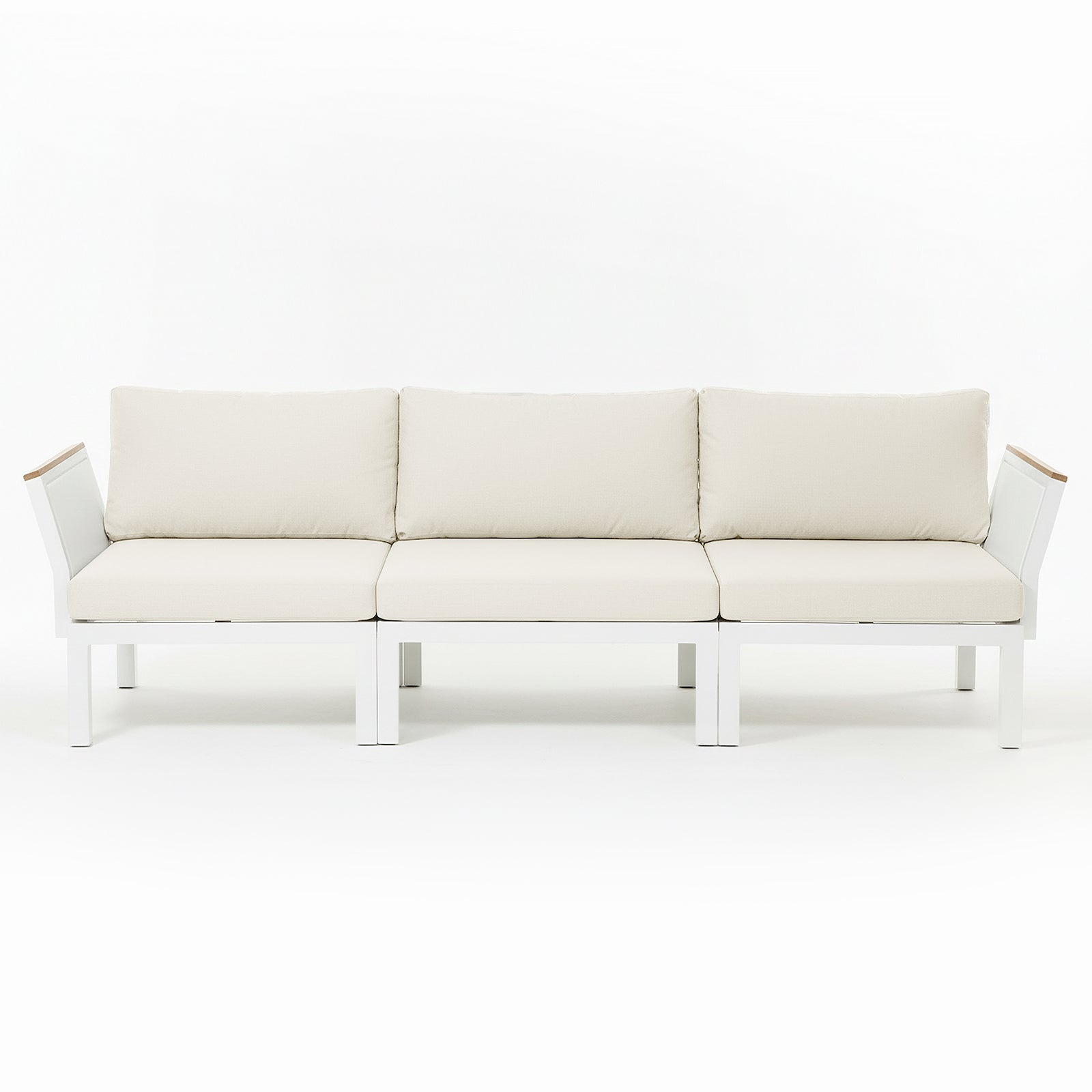 Sierra Outdoor Lounge Set in Beige: A modern three-seat modular sofa with a white metal frame, light beige cushions, straight legs, and gently angled armrests, offering a minimalist design for outdoor relaxation.