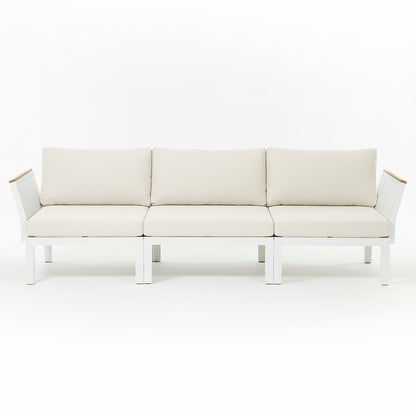 Sierra Outdoor Lounge Set in Beige: A modern three-seat modular sofa with a white metal frame, light beige cushions, straight legs, and gently angled armrests, offering a minimalist design for outdoor relaxation.