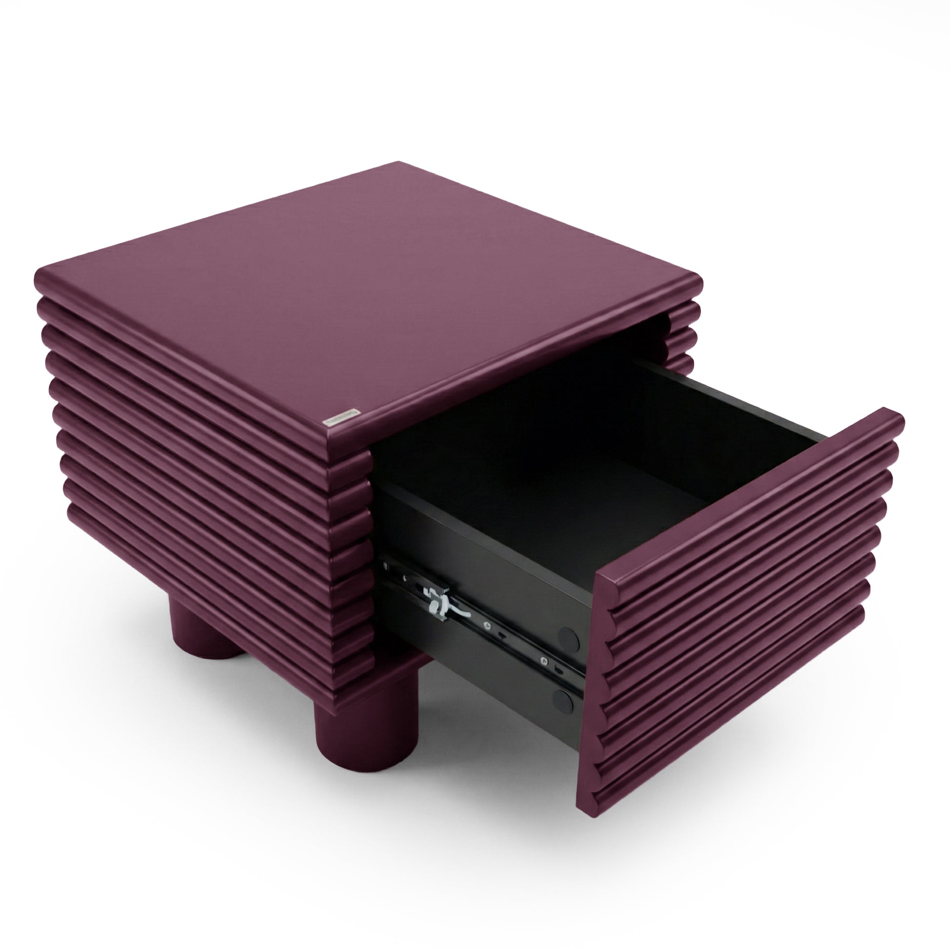 Maroon ribbed nightstand on white background with open storage drawer