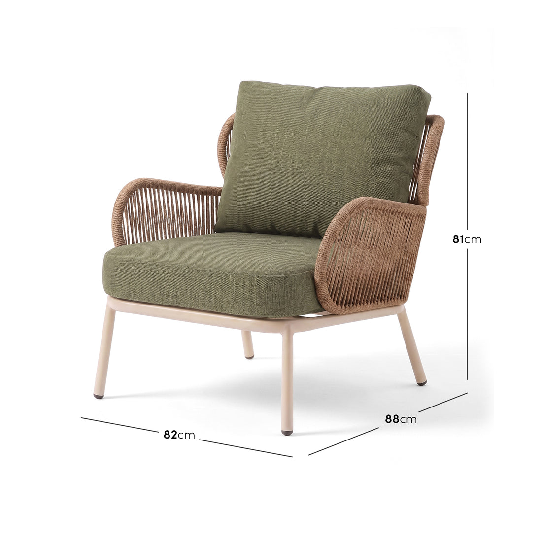Armchair on white background with width, depth, and height measurements shown