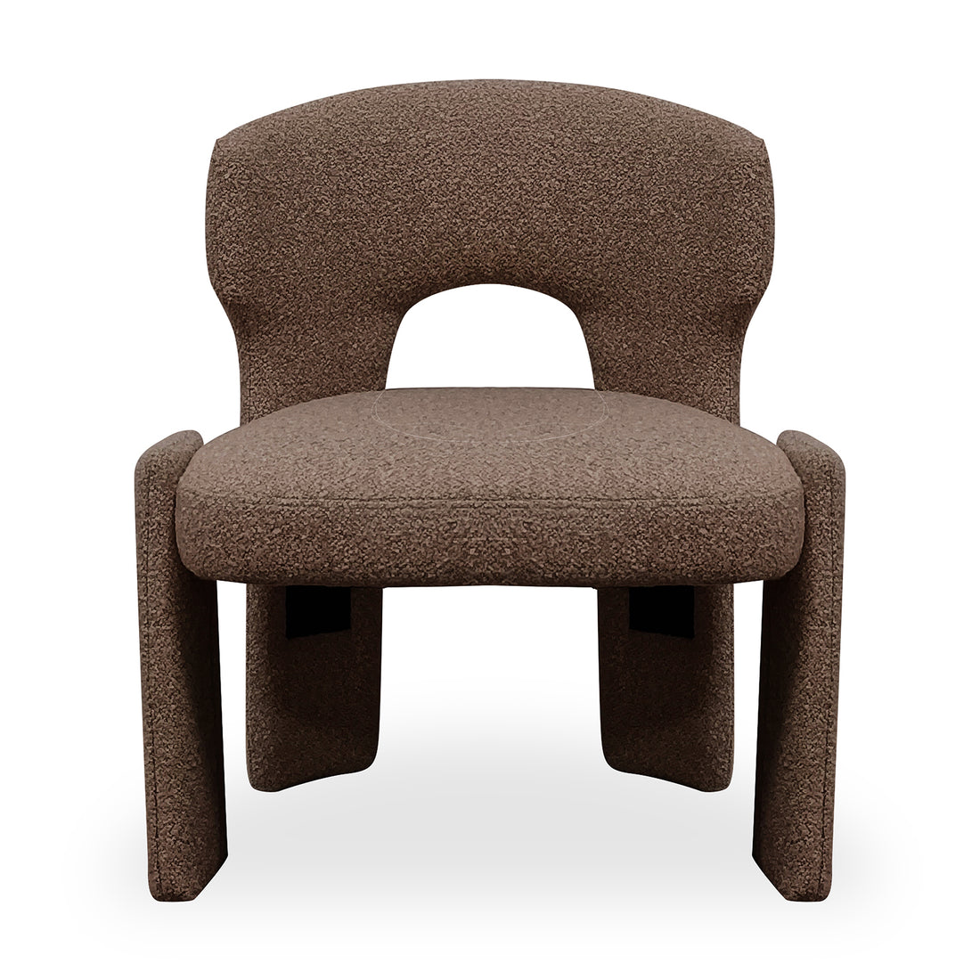 Lunari Bouclé Curved Accent Chair in Brown features a sculptural design with a curved seat, rounded backrest with a cut-out, and thick legs, exuding modern elegance and comfort.