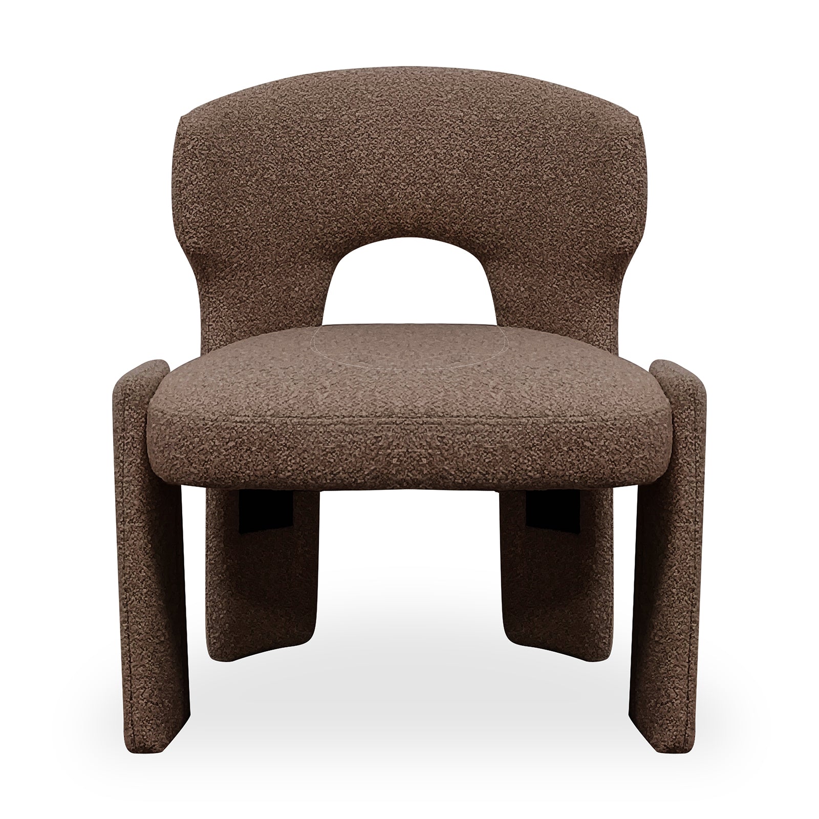 Lunari Bouclé Curved Accent Chair in Brown features a sculptural design with a curved seat, rounded backrest with a cut-out, and thick legs, exuding modern elegance and comfort.