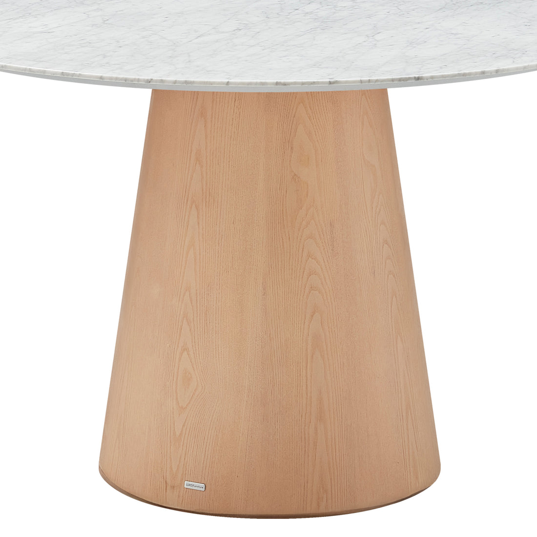 Dina 120cm Round Marble Dining Table in Carrara Natural features a round marble tabletop with unique veining atop a conical, light-finished wooden pedestal base, offering elegance and stability for dining spaces.