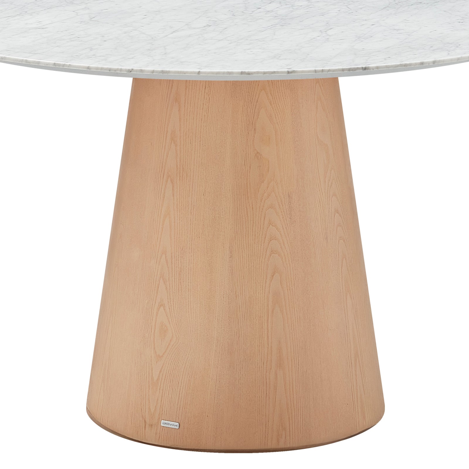 Dina 120cm Round Marble Dining Table in Carrara Natural features a round marble tabletop with unique veining atop a conical, light-finished wooden pedestal base, offering elegance and stability for dining spaces.