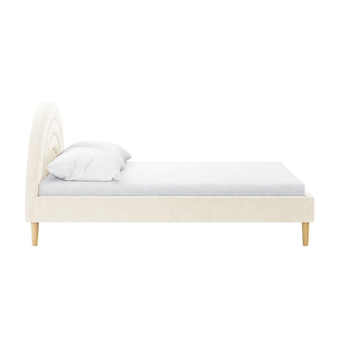 Estilla Velvet Rainbow Bed in Beige features a semi-circular velvet headboard, low-profile upholstered frame, and light-wood tapered legs, with a mattress and pillow on top.