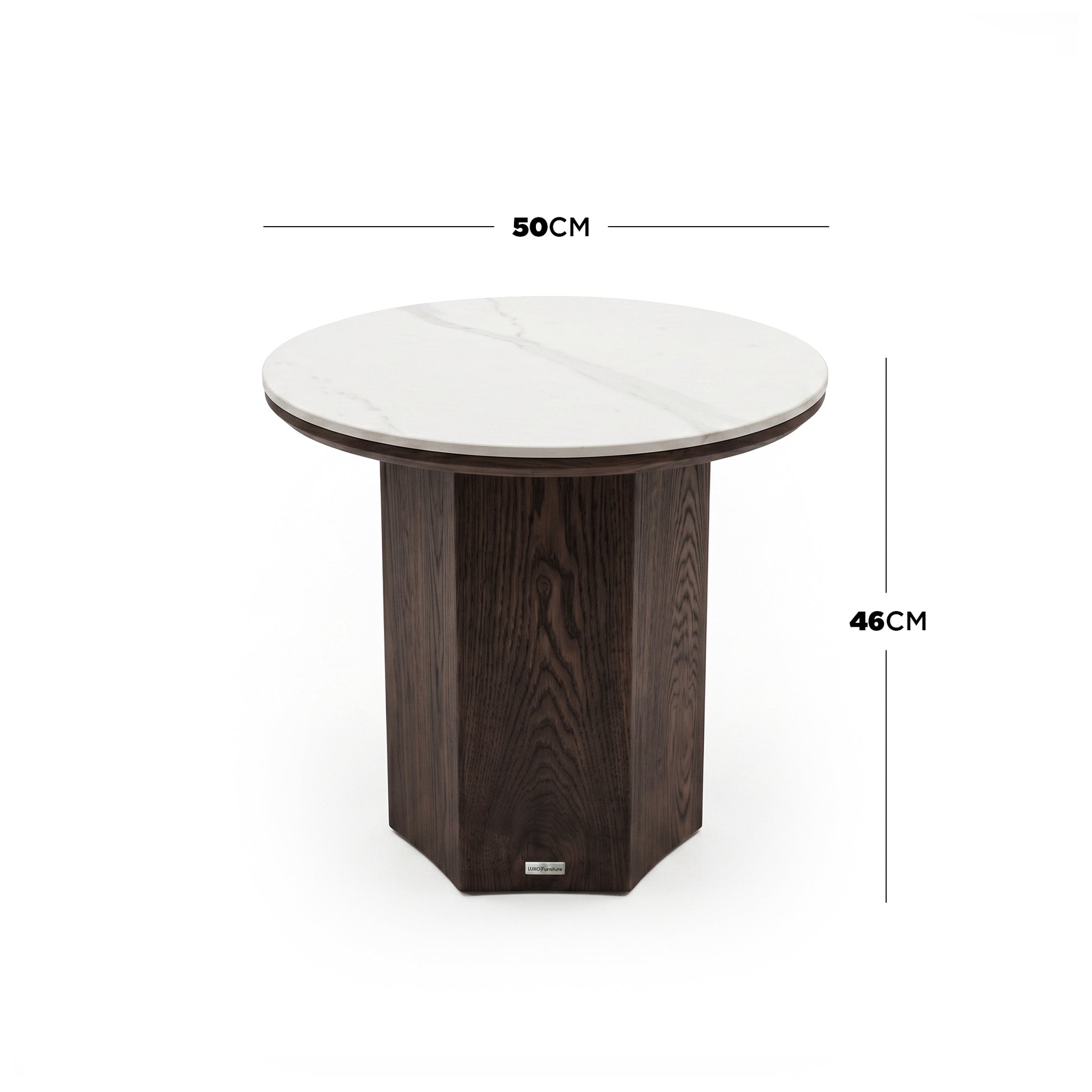 Round side table on white background with 50 cm diameter and 46 cm height dimensions shown