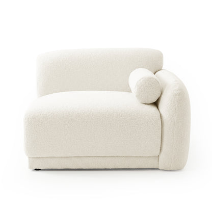 Off-white boucle armchair with right armrest view on white background