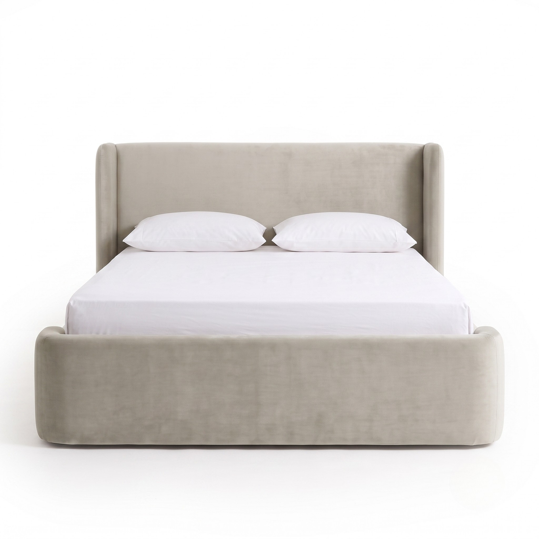 Full upholstered bed photographed on a white background