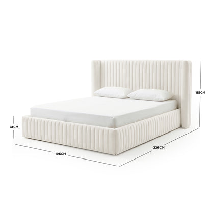 Upholstered bed on white background with dimension lines and measurements