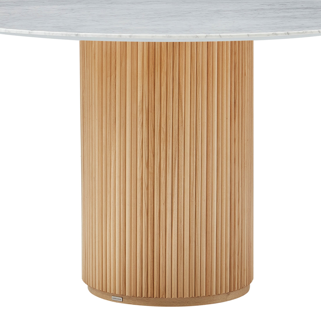 Gracie 120cm Round Marble Dining Table in Natural, featuring a white marble top with subtle grey veining and a fluted cylindrical wooden base, embodies elegant design and sturdy construction.
