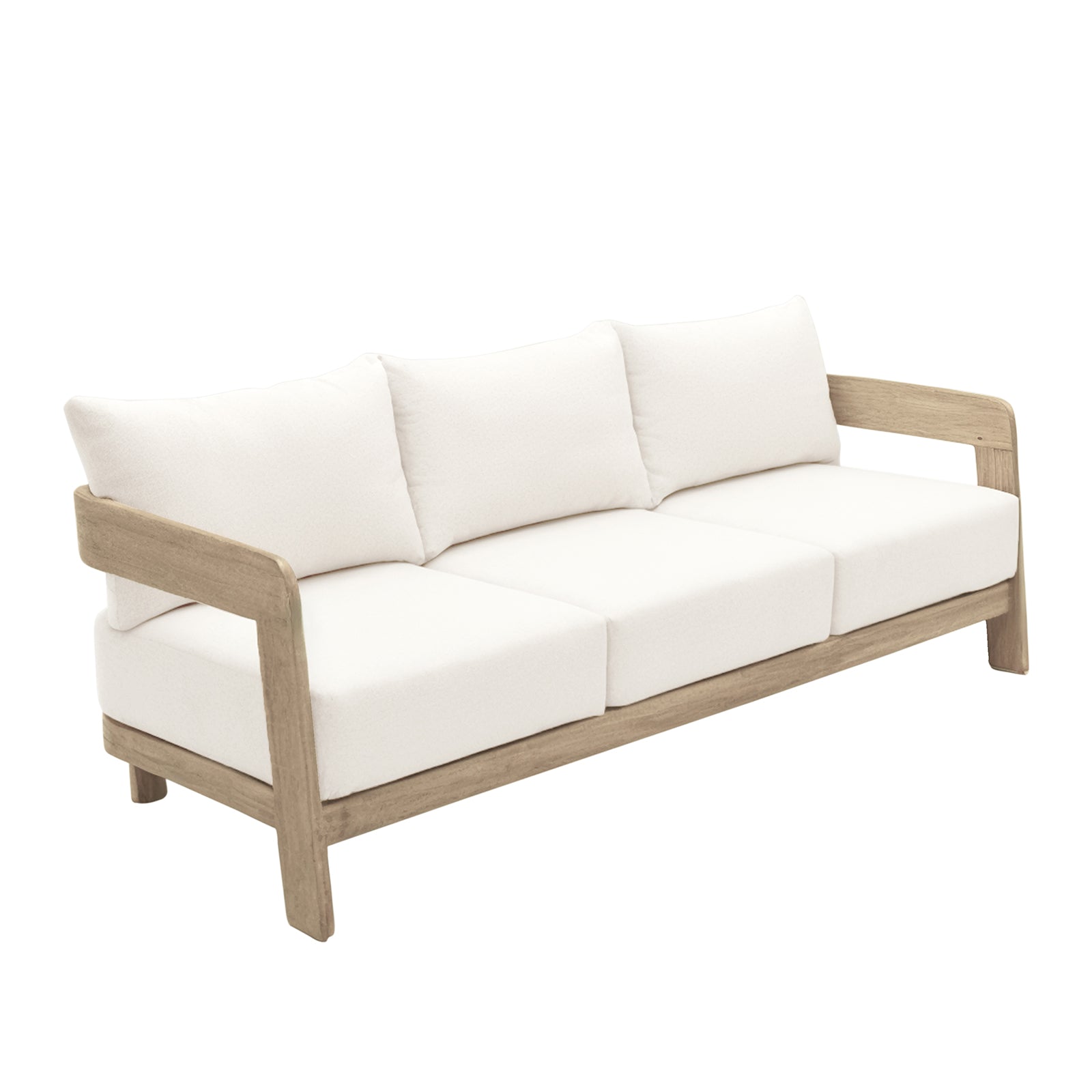 Elani 5 Seater Acacia Hardwood Outdoor Sofa Set features a light wood frame with crisp white cushions. Its modern design includes rounded armrests and a low-profile base, ideal for alfresco lounging.