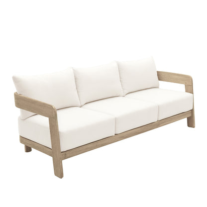 Elani 5 Seater Acacia Hardwood Outdoor Sofa Set features a light wood frame with crisp white cushions. Its modern design includes rounded armrests and a low-profile base, ideal for alfresco lounging.
