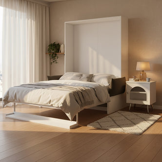 Byron Queen Murphy Bed with Mattress in White & Grey, shown in a minimalist bedroom setup, featuring a wall-mounted design with neutral bedding, a built-in shelf, and a softly-lit ambience.