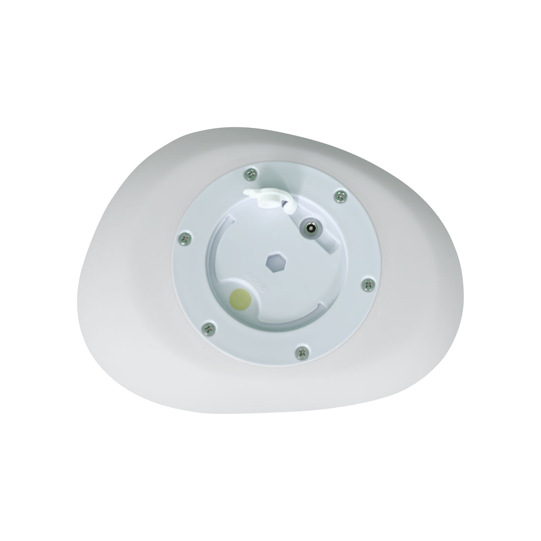 Back view of Solar Outdoor LED Rock Light Waterproof Garden Lamp, showcasing the oval plastic housing, inner mounting plate with screws, DC barrel jack, plastic latch, and hex-socket recess for wall or ceiling attachment.