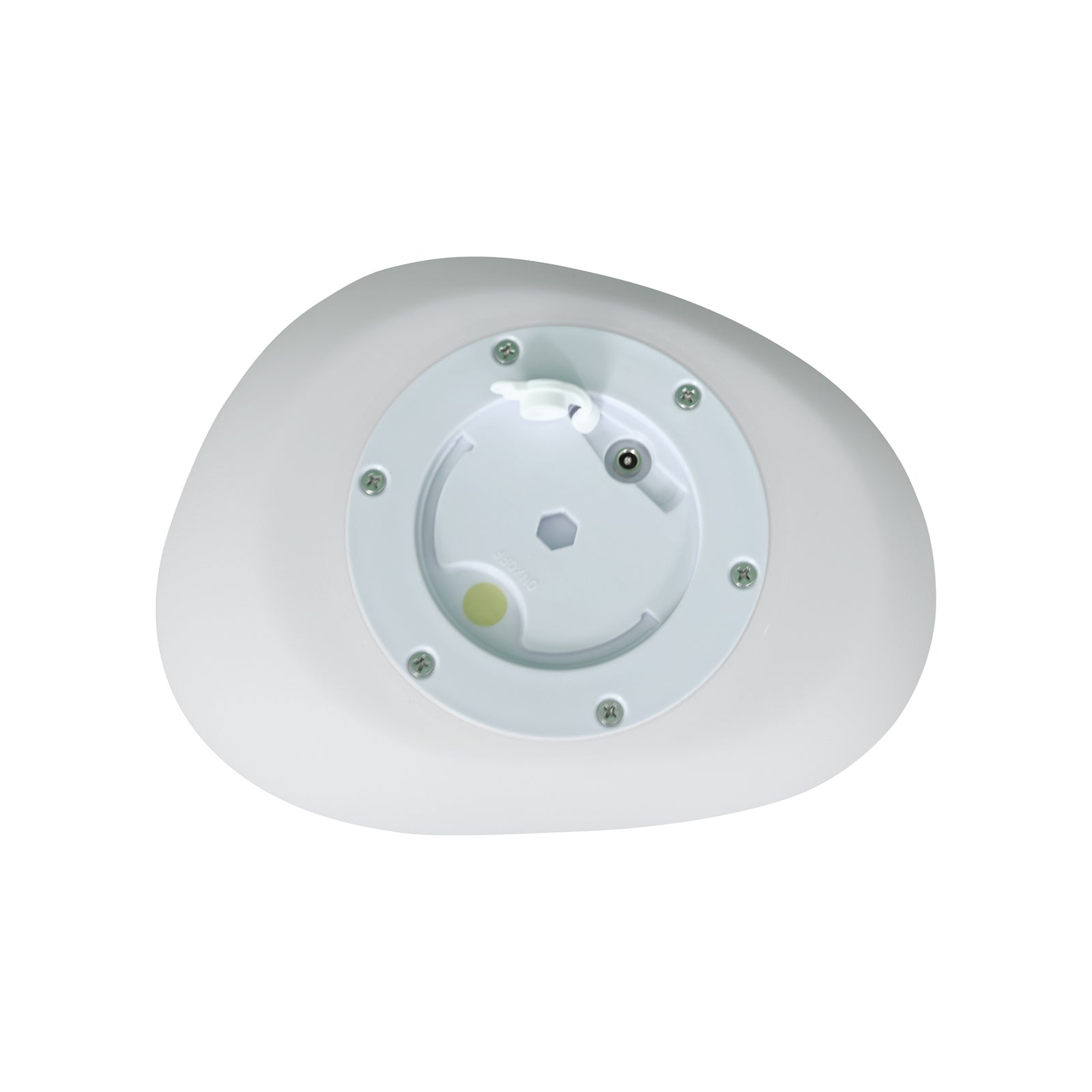 Back view of Solar Outdoor LED Rock Light Waterproof Garden Lamp, showcasing the oval plastic housing, inner mounting plate with screws, DC barrel jack, plastic latch, and hex-socket recess for wall or ceiling attachment.