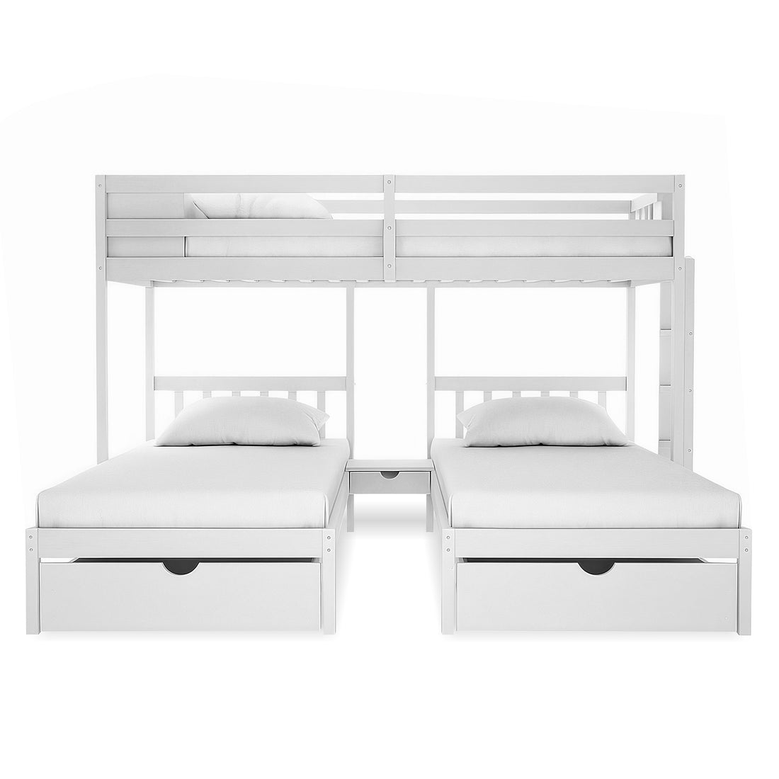 Aristos Triple Bunk Bed with Side Table in White features a single top bunk, two lower twin beds with storage drawers, and a ladder. Perfect for maximizing sleep space efficiently.