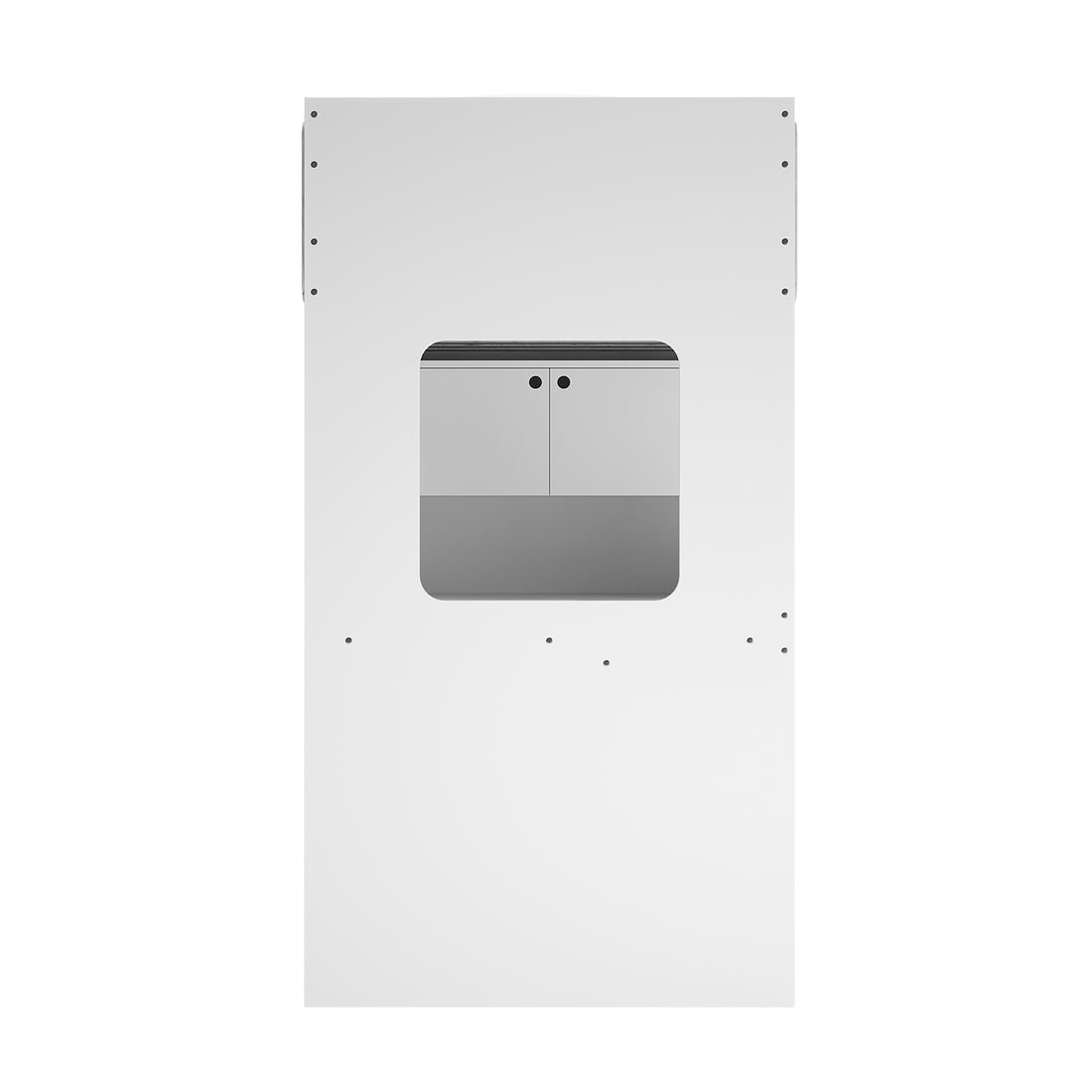 Hann Kids Single Loft Bed Desk Storage in White and Natural, featuring a two-door cabinet with black knobs visible through a white panel cut-out, accented by small fastener holes around the edges.